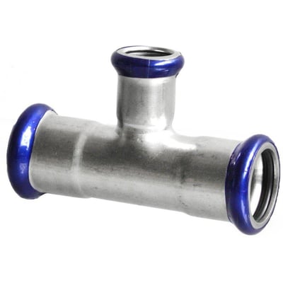 Unico rustfrit T-stykke 35x15x35mm med 3 pressmuffer, beregnet til rørinstallationer.