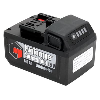 Sort Norbar 18 V-batteri til EBT-maskiner set skråt forfra med EvoTorque-mærkning og ladeindikator.