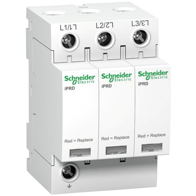 Schneider Electric A9 iPRD 20 overspændingsafleder, 350V, 3P, monteret på DIN-skinne med mærkninger for L1, L2 og L3.