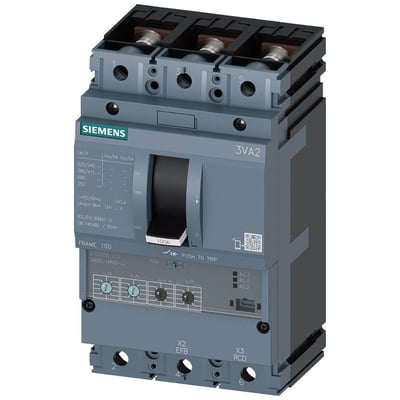 Siemens 3-polet maksimalafbryder 3VA2 100A med en brydeevne på 55kA ved 415V og en ETU350 LSI beskyttelsesenhed vist forfra.