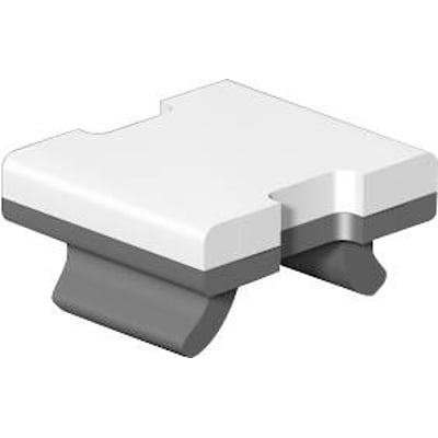 Weidmüller Dekafix DEK 5/5 MM WS klemmemærke i hvid, 5x5 mm, med clip-in montering på grå plastfødder, isoleret på hvid baggrund.