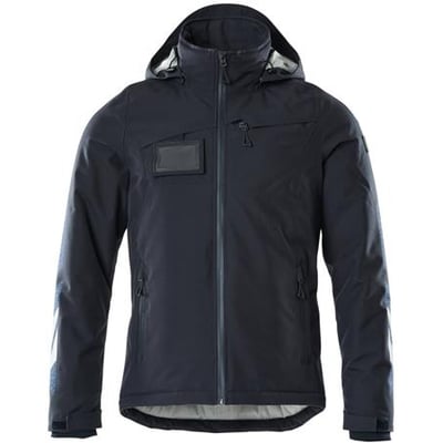 Mascot vinterjakke i mørk marine, 3XL, med hætte, lynlås, brystlomme, ID-kortholder og reflekser på ærmerne.
