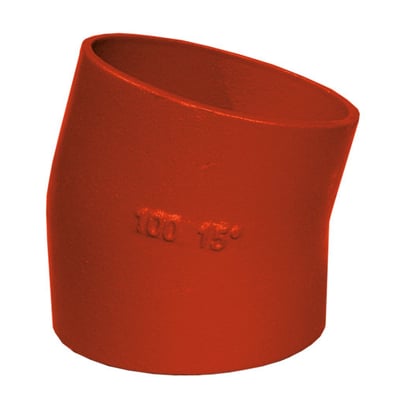 SML bøjning i støbejern med 83 mm diameter og 15 graders vinkel, vist i en levende rød farve.