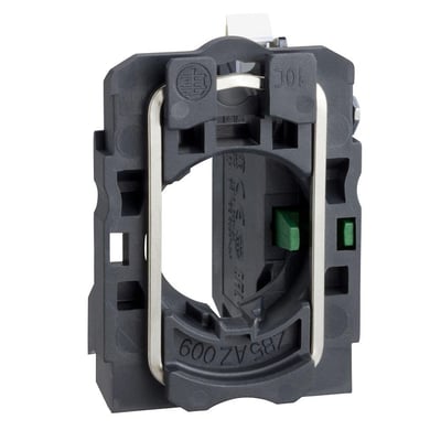 Schneider Electric kontaktkrop, ZB5AZ1015, set bagfra, med synlig grøn push-in mekanisme og fjederklemmer. Viser den kompakte plastkonstruktion.