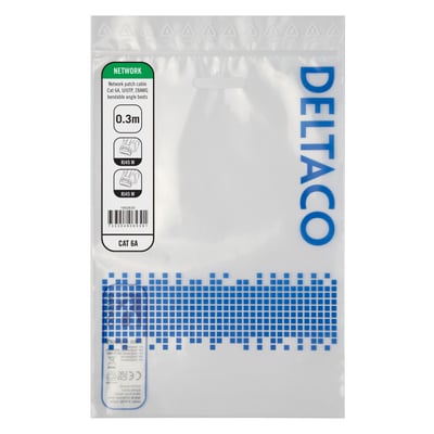 Deltaco Cat6a patch kabel i hvid, 0.3m, vist i sin originale emballage med produktinformation.