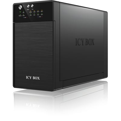 Sort ICY BOX IB-RD3620SU3 RAID-kabinet til to 3,5-tommers SATA-harddiske, set skråt forfra og fra siden.