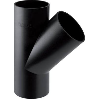 Sort Geberit PEH-grenrør med 45° sidegren, vist skråt forfra; til afløb med mål på 75 x 40 mm.