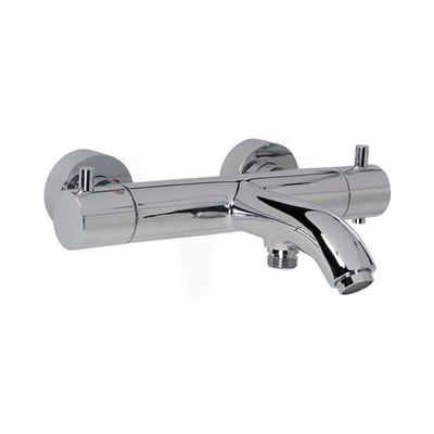 Kar og brus termostatarmatur i skinnende krom med tydelige kontrolknapper og en svanehals tud.