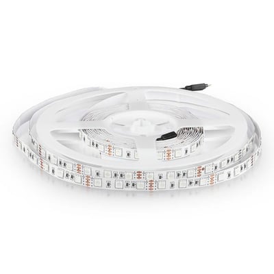 V-TAC LED stribe med 60 LED/meter og blå lysafgivelse, rullet op på en hvid plastspole med kabel.