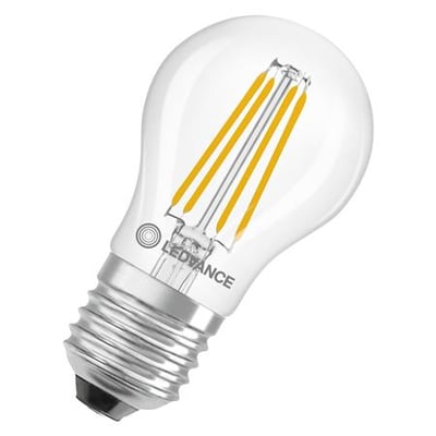 Ledvance LED krone filament pære med klar glasoverflade, E27 fatning og synligt filament på hvid baggrund.