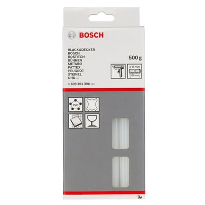 Bosch limstifter pakke med 500g, viser specifikationer som 11mm diameter og 200mm længde samt logoer for anvendelsesområder.