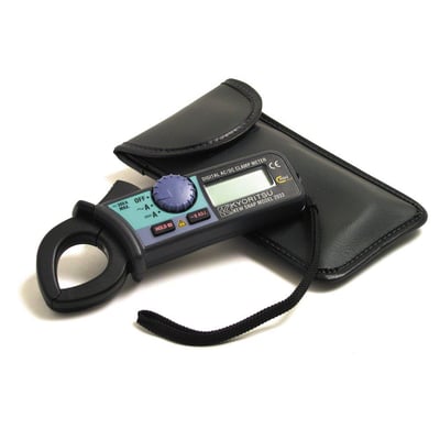 Elma Instruments Kyoritsu K2033 minitangamperemeter med sort lædertaske, klar til brug og transport.