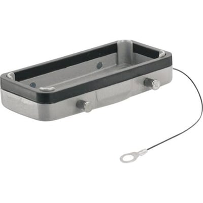 Weidmüller dæksel med pakning i størrelse 16B, lavet af aluminium og sort plast, med en fastgjort sikkerhedswire.