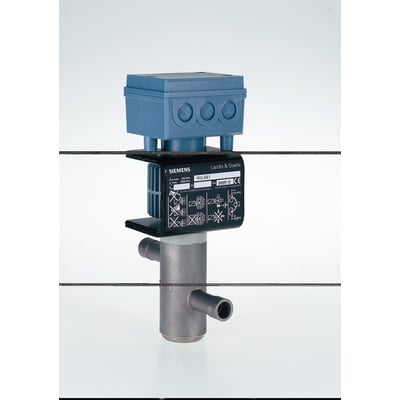 Siemens MVL661.15-0.4 kølemiddel ventil, 2-vejs, PN40 med blå plastikkasse og sølvfarvet kobberrør.