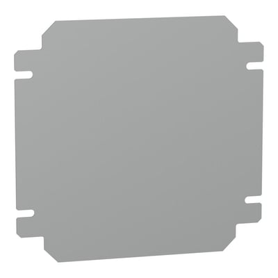 Oversigtsbillede af Schneider Electric montageplade i metal, 200x200mm, med synlige udskæringer i hjørnerne.