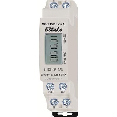 Eltako WSZ15DE-32A digital elmåler til DIN-skinne med display og synlige tilslutningsklemmer, 1-faset og 32 A.