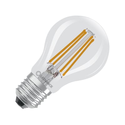 Ledvance LED standard VALUE filamentpære i klar glas med synlige filamenter og E27-fatning.