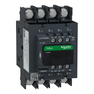 Detaljeret frontbillede af Schneider Electric TeSys D kontaktor, 80A, 4P, med tydelig mærkning af L1, L2, L3, L4, 1 NO, 1 NC og 24VDC spole.