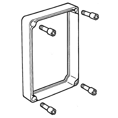 Teknisk tegning af Fibox SOLID EKJZR mellemramme med fire skruer, der illustrerer monteringssystemet.