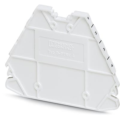 Phoenix Contact endeplade D-PTRV 4 i hvid, vist fra siden med nummerering 1-4 på den skrånende kant.