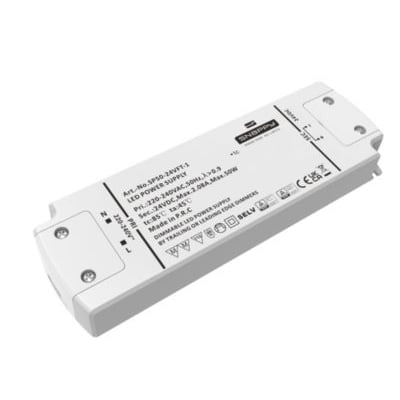 Snappy LED Driver SP50-24VFT, 50W 24VDC, dæmpbar med lav byggehøjde, måler 177x57,8x21,8 mm, med CE og SELV mærkning.