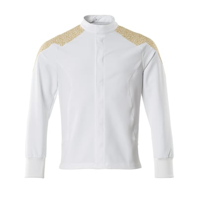 Mascot Food&Care jakke i hvid og gul, str. M, med guldet geometrisk mønster over skuldrene.