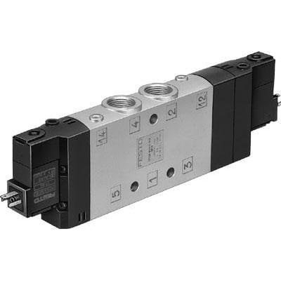 Festo Solenoid ventil CPE24-M1H-5J-3/8, en pneumatisk ventil med nummererede porte og en sort elektrisk tilslutning i grå metal.