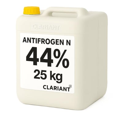 Clariant Antifrogen N glykol i en lys dunk med gult låg, mærket 44 % og 25 kg.
