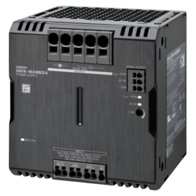 Omron S8VK-WB96024 3-faset strømforsyning med 24VDC, 40A og 960W, sort metalhus med synlige terminaler og mærkater.