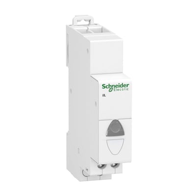 Schneider Electric Acti9 signallampe iIL i hvid, set fra siden, uden tændt lys, 18mm bred.