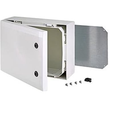 Detaljebillede af Fibox Arca vægskab, der viser beslag, skruer og monteringsdetaljer på hvid baggrund.