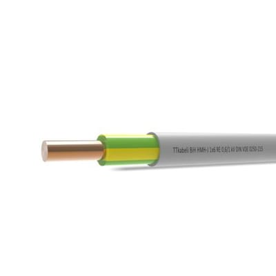 Kabel 1G6 HMH-J plus på tromle med 500 m, vist med tværsnit af kobberleder og grøn/gul isolering. Kablet er halogenfrit og egnet til fast installation.