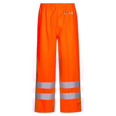 Lyngsøe Rainwear Hi-vis orange regnbuks FR-LR52, størrelse S, med reflekser og certificeringer på den øverste venstre side.