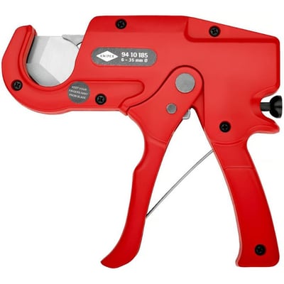 Nærbillede af den røde KNIPEX rørskærer, der viser mærket, modelnummer 94 10 185 og kapaciteten 6-35 mm.