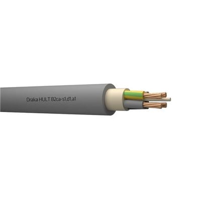 Gråt installationskabel fra Draka HULT med brandklasse B2ca-s1,d1,a1, med tre ledere med kobbertråde og farvekoderne grøn/gul, brun og grå.