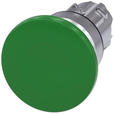 Siemens SIRIUS ACT 22mm grøn paddehattrykknap i metal med en stor rund aktuator, 40mm diameter.