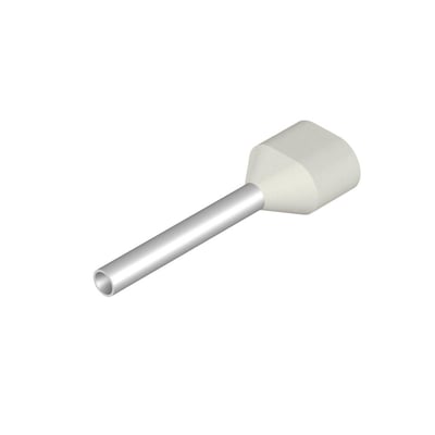 Et enkelt Weidmüller hvidt twin terminalrør 2 x 0,5mm² isoleret med plastkrave og blank metalstift på hvid baggrund.