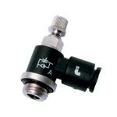 Parker Legris kontraventil med flow regulator, 6mm udvendig diameter og G1/8 gevind i sort teknisk polymer.