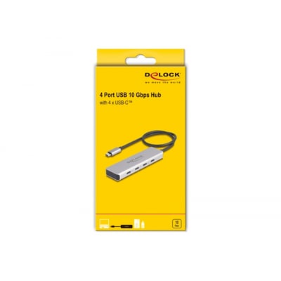 DeLock USB Type-C hub med 4 porte og 10 Gbps hastighed, vist på gul emballage med produktinformation.