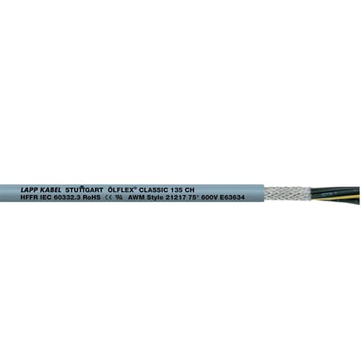 Lapp Olflex Classic 135 CH 25G0,75 er et fleksibelt styrekabel med en grå ydre kappe og afskærmning, trykt med diverse certificeringer.