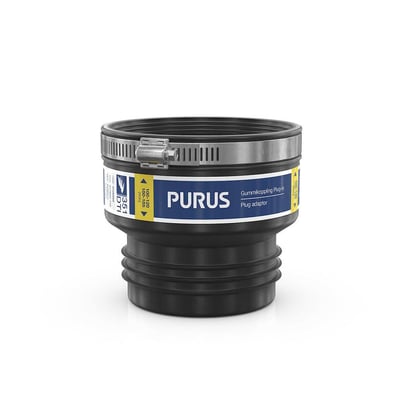 Detaljeret billede af Purus samle-/kombikobling, der viser dimensioner 100-105 mm og 100-120 mm med et CE-mærke.