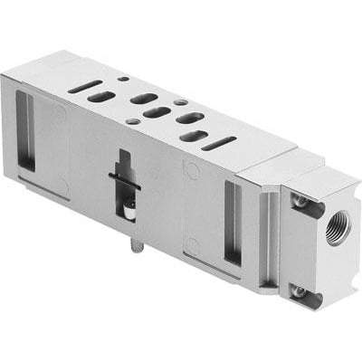 Festo vertikal-forsyningsplade VABF-S3-1-P1A3-G14 i aluminium fremstillet til montage mellem manifold-underdel og ventil.