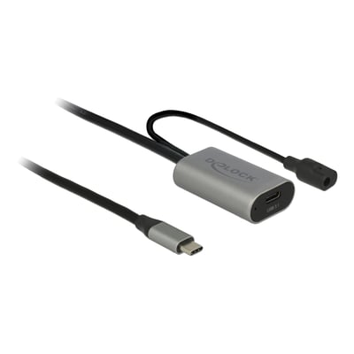Delock aktivt USB 3.1 Gen 1-forlængerkabel på 5 meter med gråt stikmodul, USB-C-stik og ekstra DC-ledning.