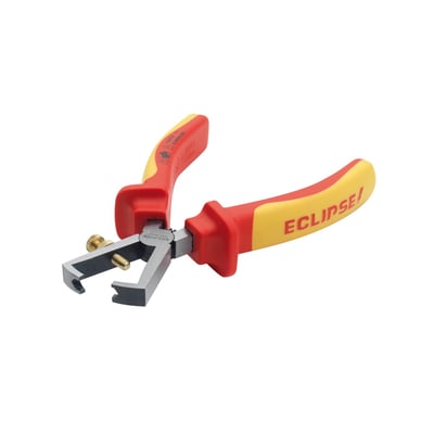 Eclipse VDE afisoleringstang på 160 mm med røde og gule ergonomiske greb og justerbar stopskrue for præcis kabeldiameter.