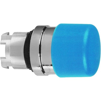 Schneider Electric Harmony Style 4 paddetryk i blå med 30mm diameter, vist fra siden med fokus på monteringsmekanisme og betjeningsknap.