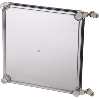 Fibox EK SOLID hængsellåg i transparent polycarbonat, 280x280x30mm, med tydeligt synlige monteringsbeslag og fingerskruer.