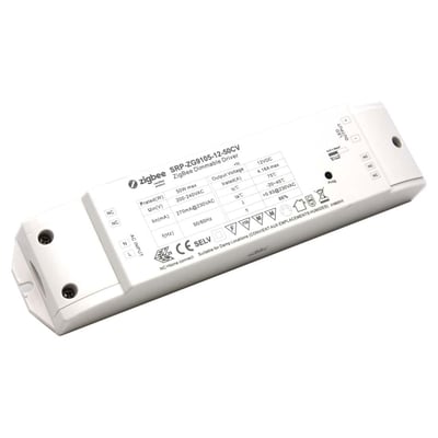 Hvid Envilar Zigbee LED-driver til 12 V LED-strips i enkeltfarve, set skråt med tilslutninger og mærkning synlige.