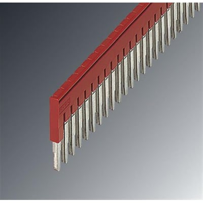 Nærbillede af Phoenix Contact indlægsbro FBS 20-5, viser de enkelte kobberstifter og 5,2 mm deling i rød plast.