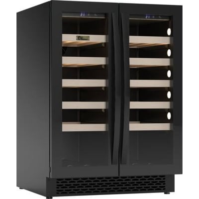 Thermex Winemex 40 vinkøler med sort finish, dobbelte glasdøre og 10 hylder af FSC-certificeret bøgetræ, vist udvendigt.
