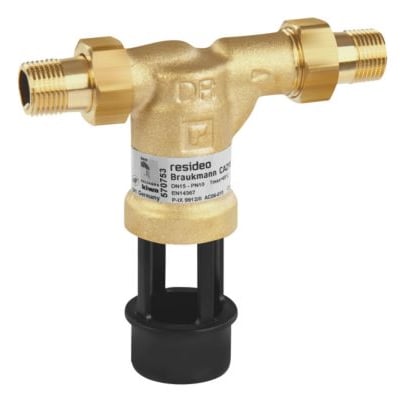 Resideo Braukmann tilbagestrømningssikring CA295 i messing med 1/2" DN15 unioner og sort udløbsslange.